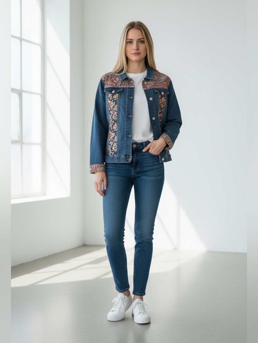 Live A Little Y2K Women's Boho Retro Paisley Inset Denim Jean Jacket Large L